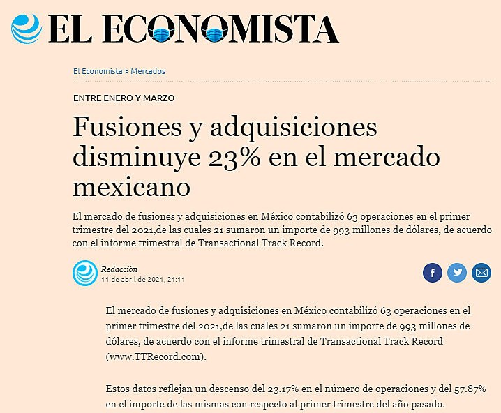 Fusiones y adquisiciones disminuye 23% en el mercado mexicano